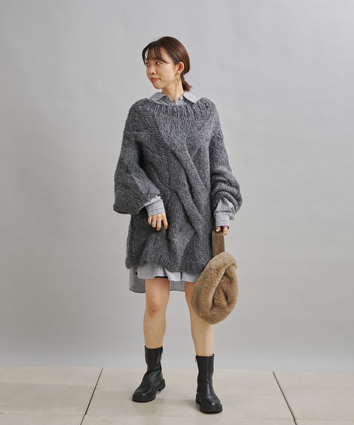 DouDou（ドゥドゥ）の「ハンドメイドケーブルプルオーバー（ニット/セーター・レディース・チャコールグレー/ブルー・FREE）」の17枚目の写真