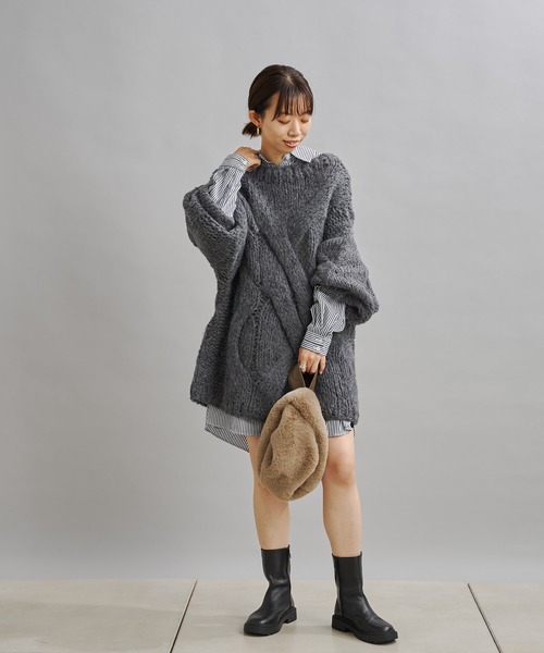 DouDou（ドゥドゥ）の「ハンドメイドケーブルプルオーバー（ニット/セーター・レディース・チャコールグレー/ブルー・FREE）」の8枚目の写真