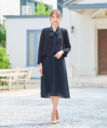 Flolia | ノーカラーペプラムジャケット＆リボンベルト付きシフォンプリーツワンピースの2点セットセレモニースーツ(スーツセット)
