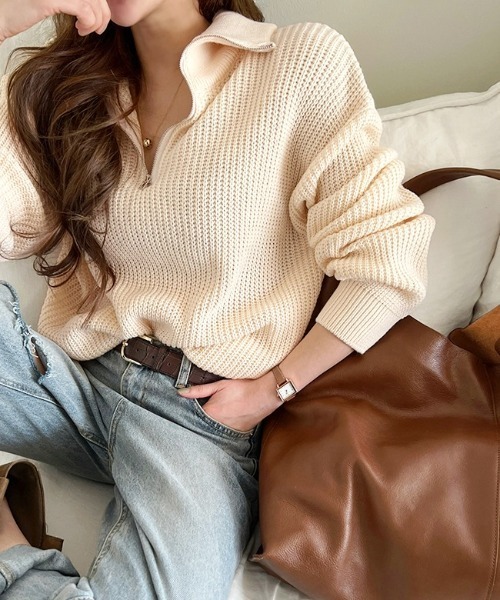 NANING9(ナンニング)の「NANING9 ハーフジップハイネックニット(ニット/セーター・レディース・スカイブルー/ブラック/クリーム・FREE)」の1枚目の写真