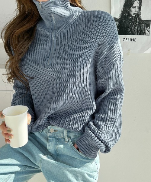 NANING9(ナンニング)の「NANING9 ハーフジップハイネックニット(ニット/セーター・レディース・スカイブルー/ブラック/クリーム・FREE)」の4枚目の写真