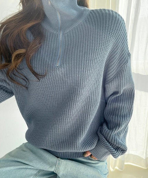 NANING9(ナンニング)の「NANING9 ハーフジップハイネックニット(ニット/セーター・レディース・スカイブルー/ブラック/クリーム・FREE)」の5枚目の写真