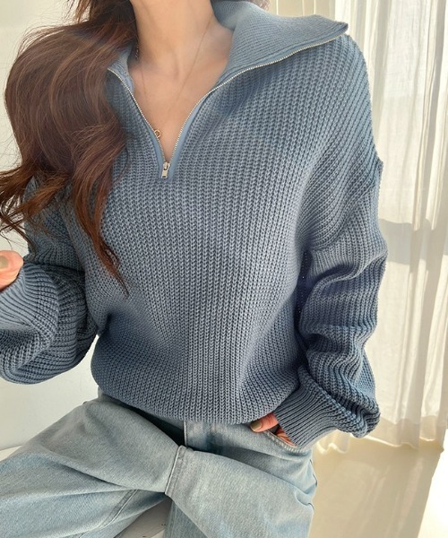 NANING9(ナンニング)の「NANING9 ハーフジップハイネックニット(ニット/セーター・レディース・スカイブルー/ブラック/クリーム・FREE)」の6枚目の写真