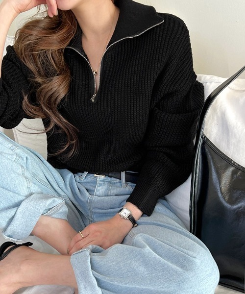 NANING9(ナンニング)の「NANING9 ハーフジップハイネックニット(ニット/セーター・レディース・スカイブルー/ブラック/クリーム・FREE)」の8枚目の写真