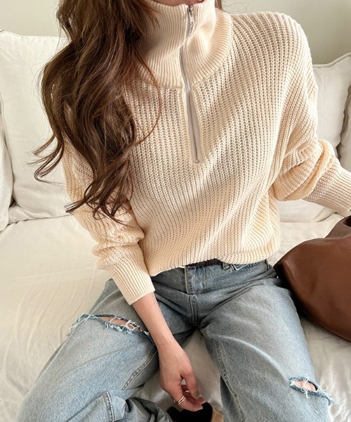 NANING9(ナンニング)の「NANING9 ハーフジップハイネックニット(ニット/セーター・レディース・スカイブルー/ブラック/クリーム・FREE)」の14枚目の写真