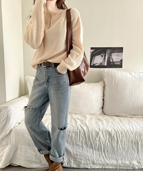 NANING9(ナンニング)の「NANING9 ハーフジップハイネックニット(ニット/セーター・レディース・スカイブルー/ブラック/クリーム・FREE)」の15枚目の写真