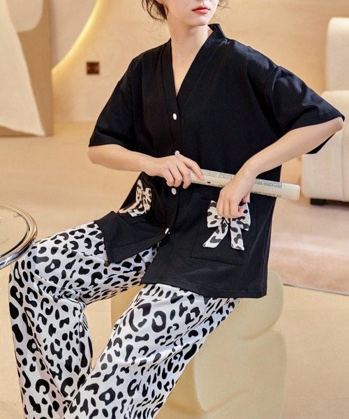 aimoha（アイモハ）の「vネックヒョウ柄パジャマセット（ルームウェア