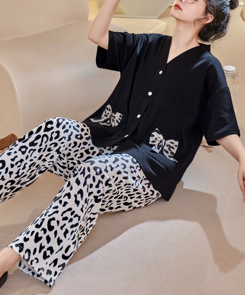 aimoha（アイモハ）の「vネックヒョウ柄パジャマセット（ルームウェア