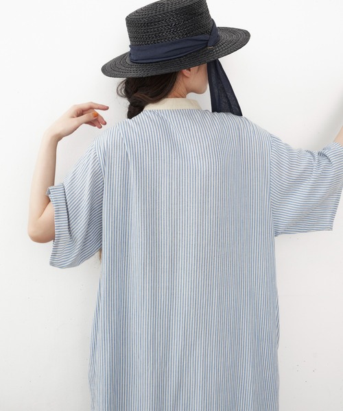 Libra Cue(リブラ キュー)の「”ストライプクレリックワンピース” 眠れるほど気持ちの良いコットン100%、長めのボリュームスリーブはストレスフリーに腕周りをカバー(ワンピース・レディース・イエロー/ネイビー/ブルー・FREE)」の15枚目の写真