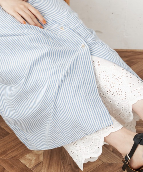 Libra Cue(リブラ キュー)の「”ストライプクレリックワンピース” 眠れるほど気持ちの良いコットン100%、長めのボリュームスリーブはストレスフリーに腕周りをカバー(ワンピース・レディース・イエロー/ネイビー/ブルー・FREE)」の17枚目の写真