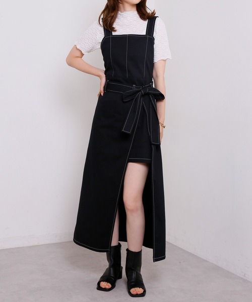 one after another NICE CLAUP（ワンアフターアナザーナイスクラップ）の「スリットステッチジャンパースカート（ジャンパースカート・レディース・ブラック/ネイビー/アイボリー・FREE）」の5枚目の写真