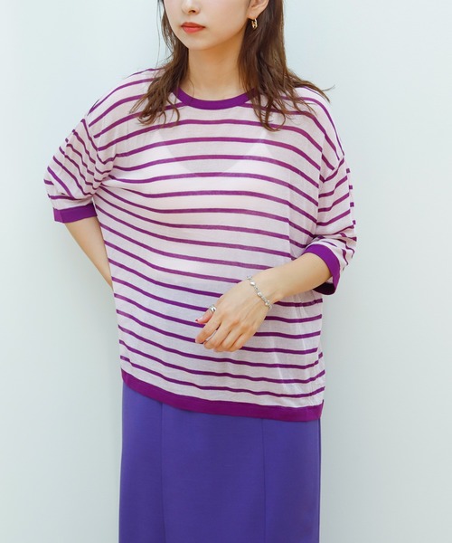 Birthday room（バースデイルーム）の「シアーボーダー半袖トップス（Tシャツ/カットソー・レディース・パープル/ピンク/イエロー/グリーン・FREE）」の3枚目の写真