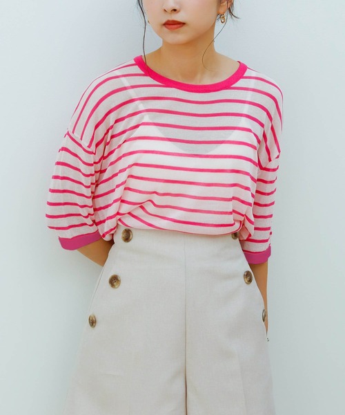 Birthday room（バースデイルーム）の「シアーボーダー半袖トップス（Tシャツ/カットソー・レディース・パープル/ピンク/イエロー/グリーン・FREE）」の4枚目の写真