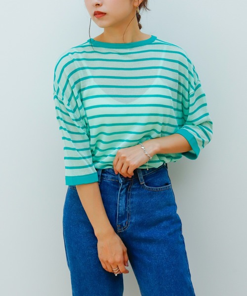 Birthday room（バースデイルーム）の「シアーボーダー半袖トップス（Tシャツ/カットソー・レディース・パープル/ピンク/イエロー/グリーン・FREE）」の2枚目の写真