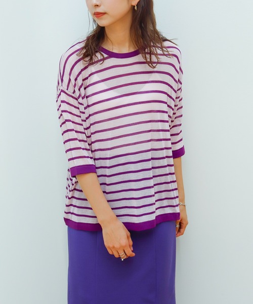 Birthday room（バースデイルーム）の「シアーボーダー半袖トップス（Tシャツ/カットソー・レディース・パープル/ピンク/イエロー/グリーン・FREE）」の17枚目の写真