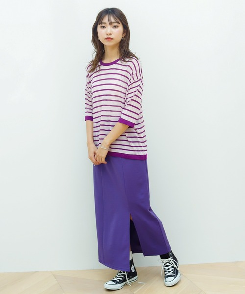 Birthday room（バースデイルーム）の「シアーボーダー半袖トップス（Tシャツ/カットソー・レディース・パープル/ピンク/イエロー/グリーン・FREE）」の13枚目の写真