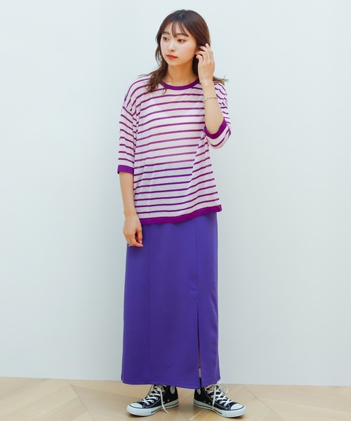 Birthday room（バースデイルーム）の「シアーボーダー半袖トップス（Tシャツ/カットソー・レディース・パープル/ピンク/イエロー/グリーン・FREE）」の21枚目の写真