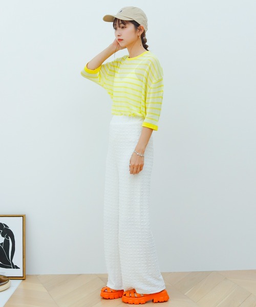 Birthday room（バースデイルーム）の「シアーボーダー半袖トップス（Tシャツ/カットソー・レディース・パープル/ピンク/イエロー/グリーン・FREE）」の18枚目の写真