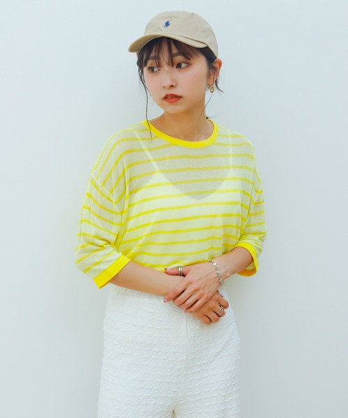 Birthday room（バースデイルーム）の「シアーボーダー半袖トップス（Tシャツ/カットソー・レディース・パープル/ピンク/イエロー/グリーン・FREE）」の9枚目の写真