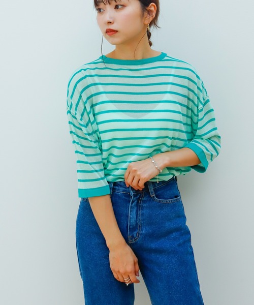 Birthday room（バースデイルーム）の「シアーボーダー半袖トップス（Tシャツ/カットソー・レディース・パープル/ピンク/イエロー/グリーン・FREE）」の22枚目の写真