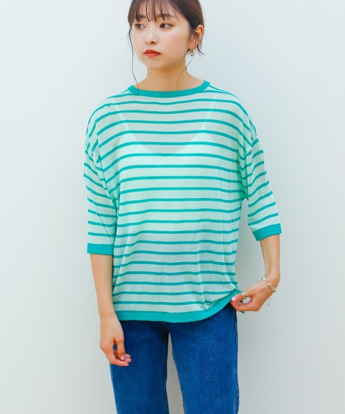 Birthday room（バースデイルーム）の「シアーボーダー半袖トップス（Tシャツ/カットソー・レディース・パープル/ピンク/イエロー/グリーン・FREE）」の6枚目の写真