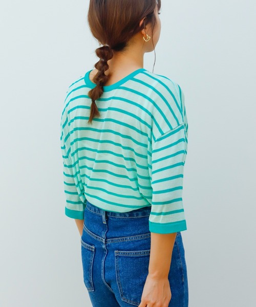 Birthday room（バースデイルーム）の「シアーボーダー半袖トップス（Tシャツ/カットソー・レディース・パープル/ピンク/イエロー/グリーン・FREE）」の10枚目の写真