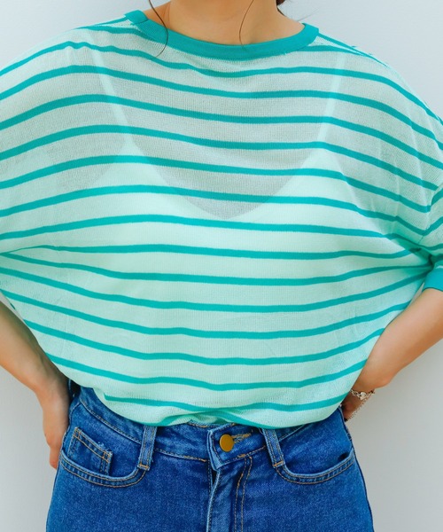 Birthday room（バースデイルーム）の「シアーボーダー半袖トップス（Tシャツ/カットソー・レディース・パープル/ピンク/イエロー/グリーン・FREE）」の19枚目の写真