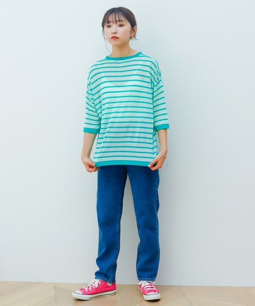 Birthday room（バースデイルーム）の「シアーボーダー半袖トップス（Tシャツ/カットソー・レディース・パープル/ピンク/イエロー/グリーン・FREE）」の15枚目の写真