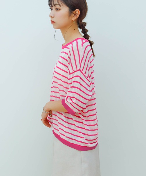 Birthday room（バースデイルーム）の「シアーボーダー半袖トップス（Tシャツ/カットソー・レディース・パープル/ピンク/イエロー/グリーン・FREE）」の12枚目の写真