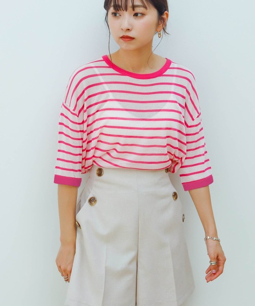 Birthday room（バースデイルーム）の「シアーボーダー半袖トップス（Tシャツ/カットソー・レディース・パープル/ピンク/イエロー/グリーン・FREE）」の7枚目の写真