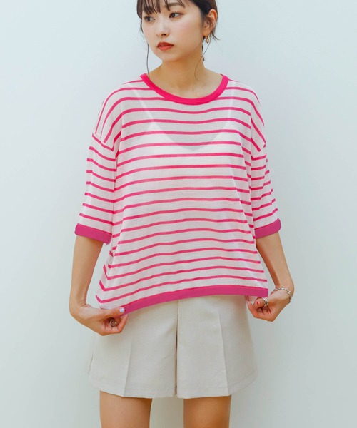 Birthday room（バースデイルーム）の「シアーボーダー半袖トップス（Tシャツ/カットソー・レディース・パープル/ピンク/イエロー/グリーン・FREE）」の8枚目の写真