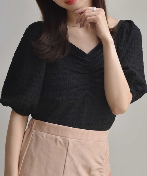 RETRO GIRL(レトロガール)の「ジャガード胸シャーリングPO(Tシャツ/カットソー・レディース・ブラック/ホワイト/イエロー・FREE)」の2枚目の写真