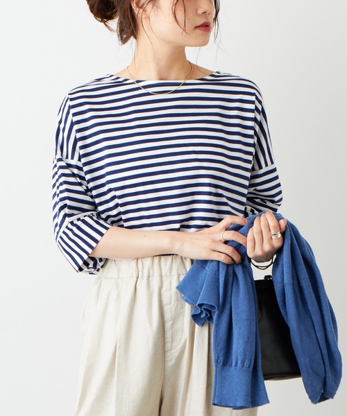 PUAL CE CIN（ピュアルセシン）の「切替ボーダーTシャツ（Tシャツ/カットソー・レディース・グリーン/ボルドー/ネイビー・FREE）」の4枚目の写真