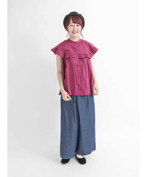 Samansa Mos2（サマンサ モスモス）の「フリル切替フレンチスリーブブラウス（シャツ/ブラウス・レディース・ブラック/オフホワイト/ボルドー・ﾌﾘ-）」の7枚目の写真