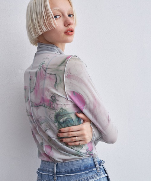 tシャツ CASANE（カサネ）別注マーブルペイントメロートップス レディース tシャツ CASANE（カサネ）別注マーブルペイントメロートップス