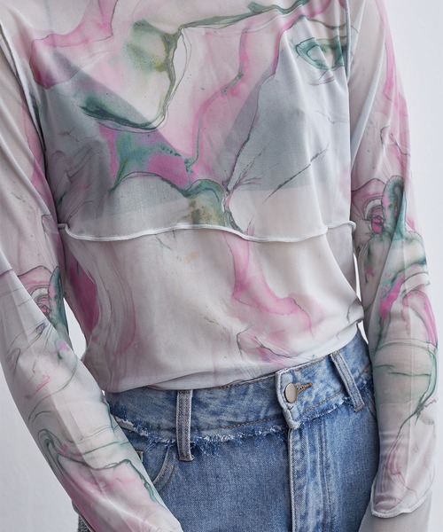 tシャツ CASANE（カサネ）マーブルペイントクルーメロートップス レディース tシャツ CASANE（カサネ）マーブルペイントクルーメロートップス