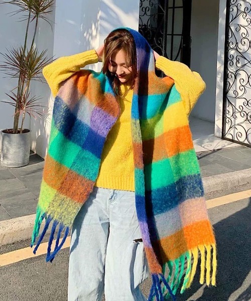shopnikoniko(ショップニコニコ)の「マフラー チェック柄 大判 韓国ファッション フリンジ ボリュームマフラー ロングマフラー(マフラー・レディース・ワイン/ブルー/オレンジ/ブラウン/グリーン/ピンク・フリー)」の18枚目の写真