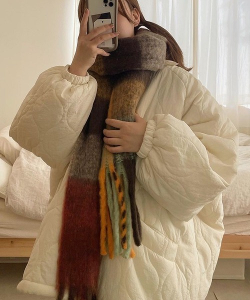 shopnikoniko(ショップニコニコ)の「マフラー チェック柄 大判 韓国ファッション フリンジ ボリュームマフラー ロングマフラー(マフラー・レディース・ワイン/ブルー/オレンジ/ブラウン/グリーン/ピンク・フリー)」の15枚目の写真