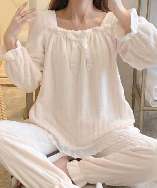 Amains（アメイン）の「スクエアネックマイクロフリースパジャマ（ルームウェア/パジャマ・レディース・ホワイト/ブルー/ピンク・M）」の7枚目の写真