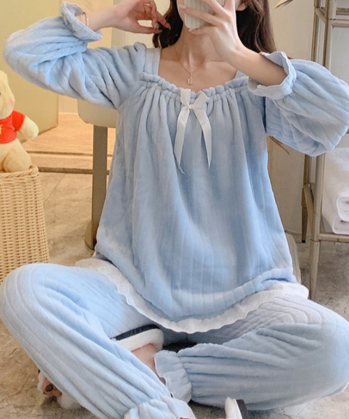 Amains（アメイン）の「スクエアネックマイクロフリースパジャマ（ルームウェア/パジャマ・レディース・ホワイト/ブルー/ピンク・M）」の8枚目の写真