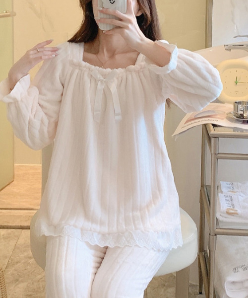 Amains（アメイン）の「スクエアネックマイクロフリースパジャマ（ルームウェア/パジャマ・レディース・ホワイト/ブルー/ピンク・M）」の9枚目の写真