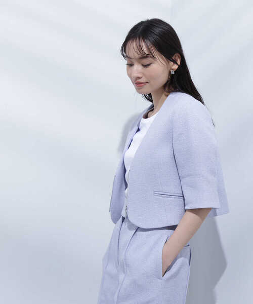 NATURAL BEAUTY BASIC(ナチュラルビューティーベーシック)の「◇ツイードショートジャケット(ノーカラージャケット・レディース・オフホワイト/ブルー・FREE)」の2枚目の写真