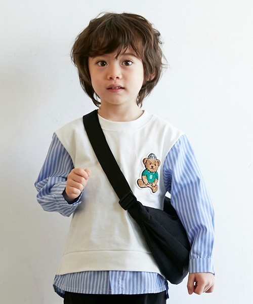 petit main（プティマイン）の「【リンク】袖ストライプクマ長袖T（Tシャツ/カットソー・キッズ・ライトグリーン/オフホワイト/オレンジ・100cm/110cm/80ｃｍ/130cm/90cm/120cm）」の2枚目の写真