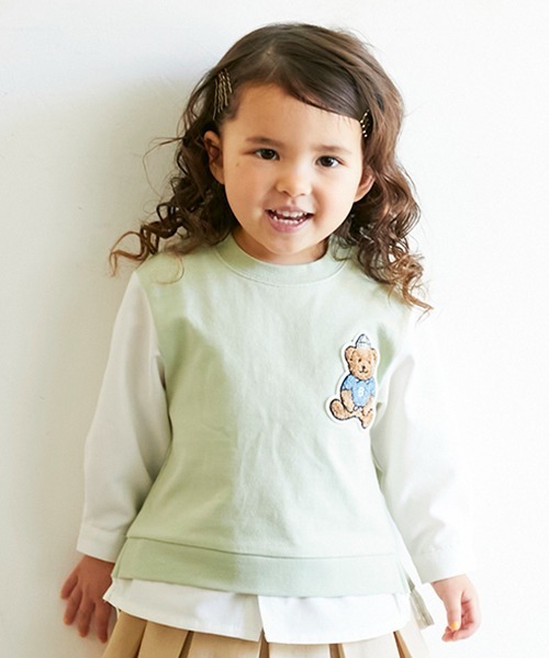 petit main（プティマイン）の「【リンク】袖ストライプクマ長袖T（Tシャツ/カットソー・キッズ・ライトグリーン/オフホワイト/オレンジ・100cm/110cm/80ｃｍ/130cm/90cm/120cm）」の3枚目の写真