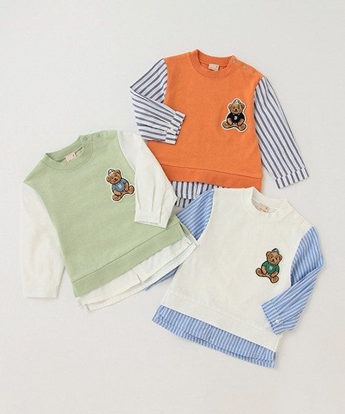 petit main（プティマイン）の「【リンク】袖ストライプクマ長袖T（Tシャツ/カットソー・キッズ・ライトグリーン/オフホワイト/オレンジ・100cm/110cm/80ｃｍ/130cm/90cm/120cm）」の15枚目の写真