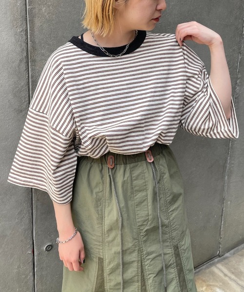 CIAOPANIC(チャオパニック)の「パイルリンガーボーダーTシャツ(Tシャツ/カットソー・レディース・ホワイト/サックスブルー/ブラック・FREE)」の2枚目の写真