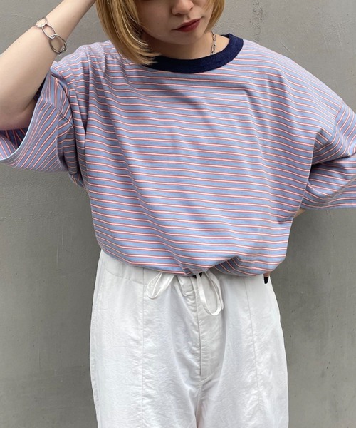 CIAOPANIC(チャオパニック)の「パイルリンガーボーダーTシャツ(Tシャツ/カットソー・レディース・ホワイト/サックスブルー/ブラック・FREE)」の1枚目の写真