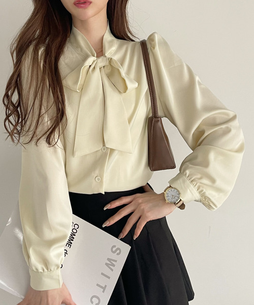 Ada.（エイダ）の「オフィスでもプライベートでも◎　洗える ボウタイ リボン ブラウス（シャツ/ブラウス・レディース・ホワイト/ベージュ/ライトブルー/アイボリー/ミント/ピンク/ネイビー・M/S/L）」の3枚目の写真