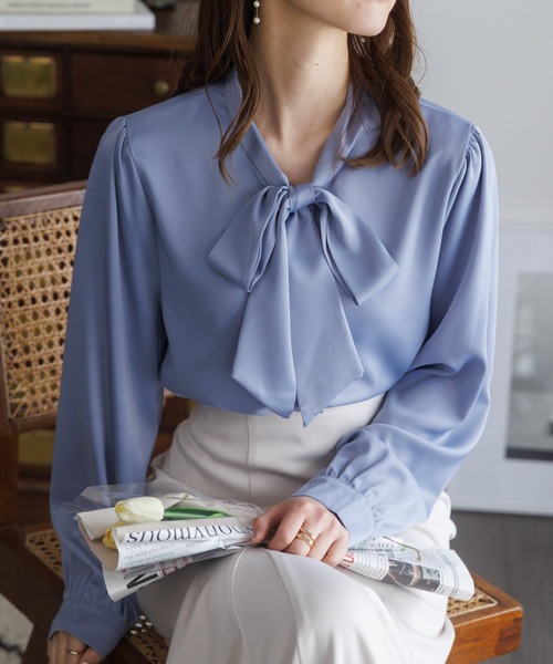 Ada.（エイダ）の「オフィスでもプライベートでも◎　洗える ボウタイ リボン ブラウス（シャツ/ブラウス・レディース・ホワイト/ベージュ/ライトブルー/アイボリー/ミント/ピンク/ネイビー・M/S/L）」の14枚目の写真