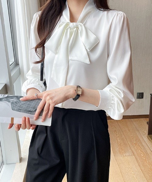 Ada.（エイダ）の「オフィスでもプライベートでも◎　洗える ボウタイ リボン ブラウス（シャツ/ブラウス・レディース・ホワイト/ベージュ/ライトブルー/アイボリー/ミント/ピンク/ネイビー・M/S/L）」の22枚目の写真